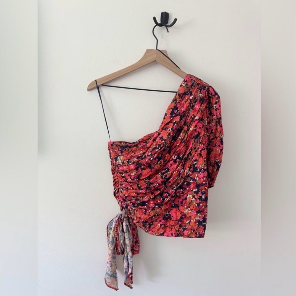 Amanda Uprichard Bexley One Shoulder Top Bloomessence Floral Large Ruched Knot - Picture 9 of 10